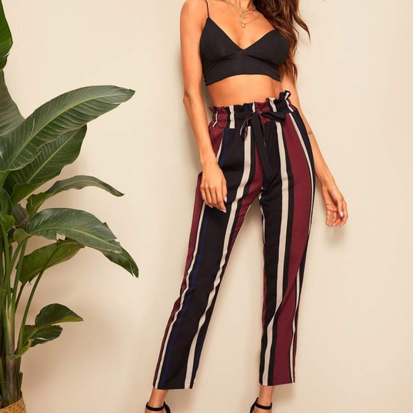 Monarch Fashion Pants - Striped Drawstring Cropped Pants Work Casual Belt